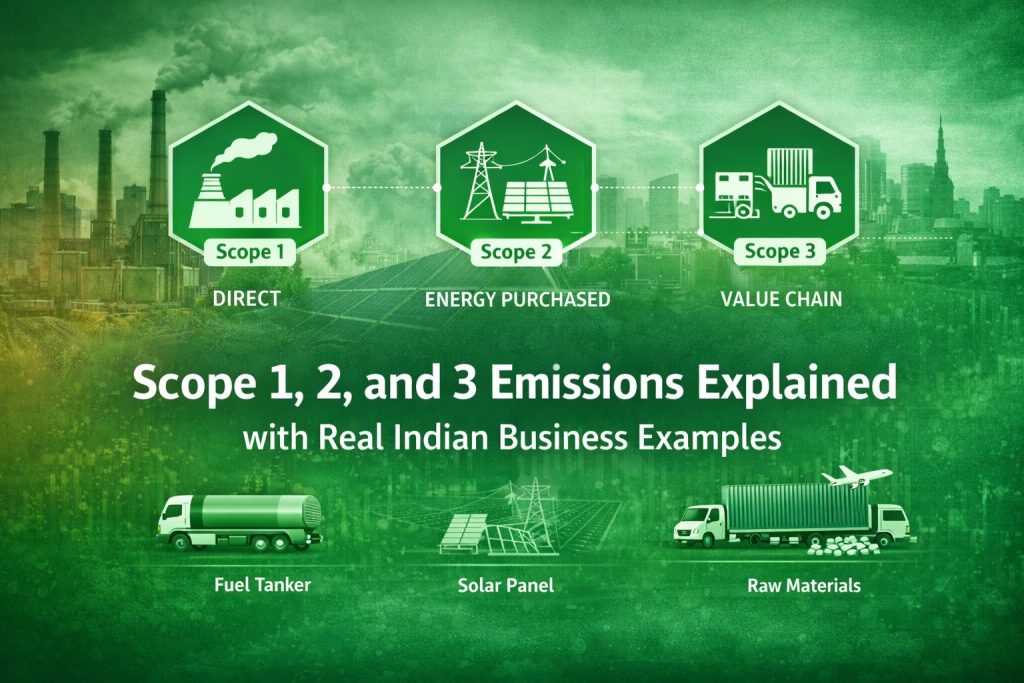 Scope 1 2 3 emissions framework illustration with Indian manufacturing and value chain examples
